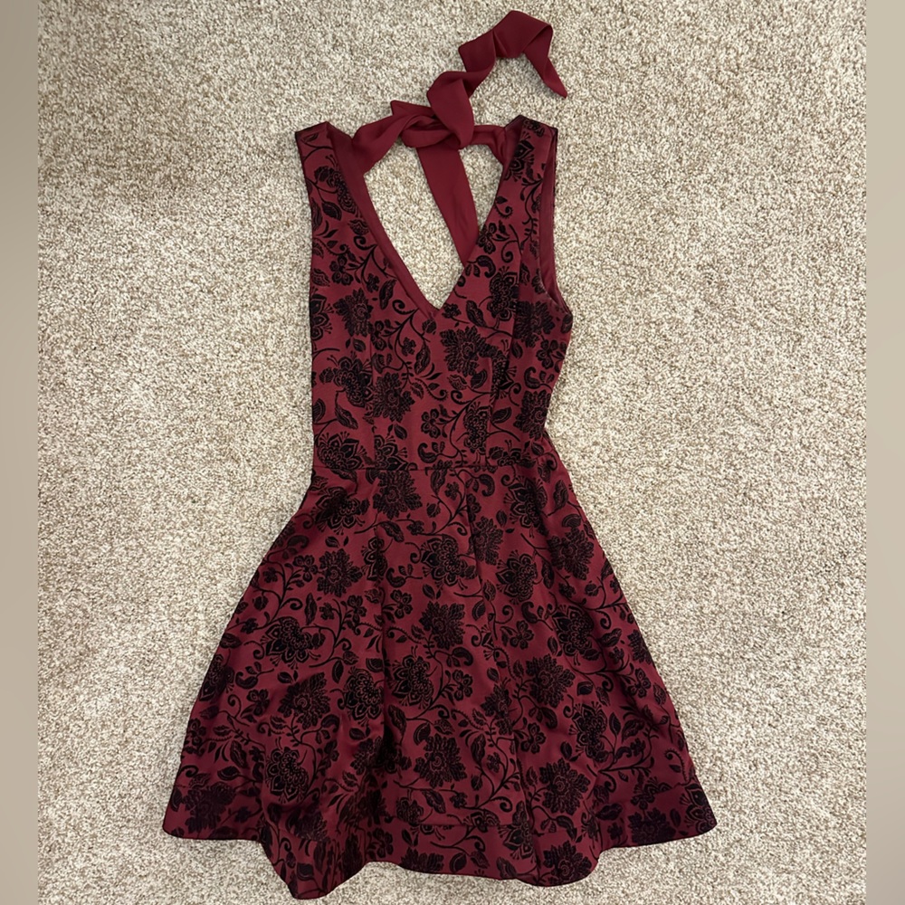 B Darlin bow back burgundy mini dress